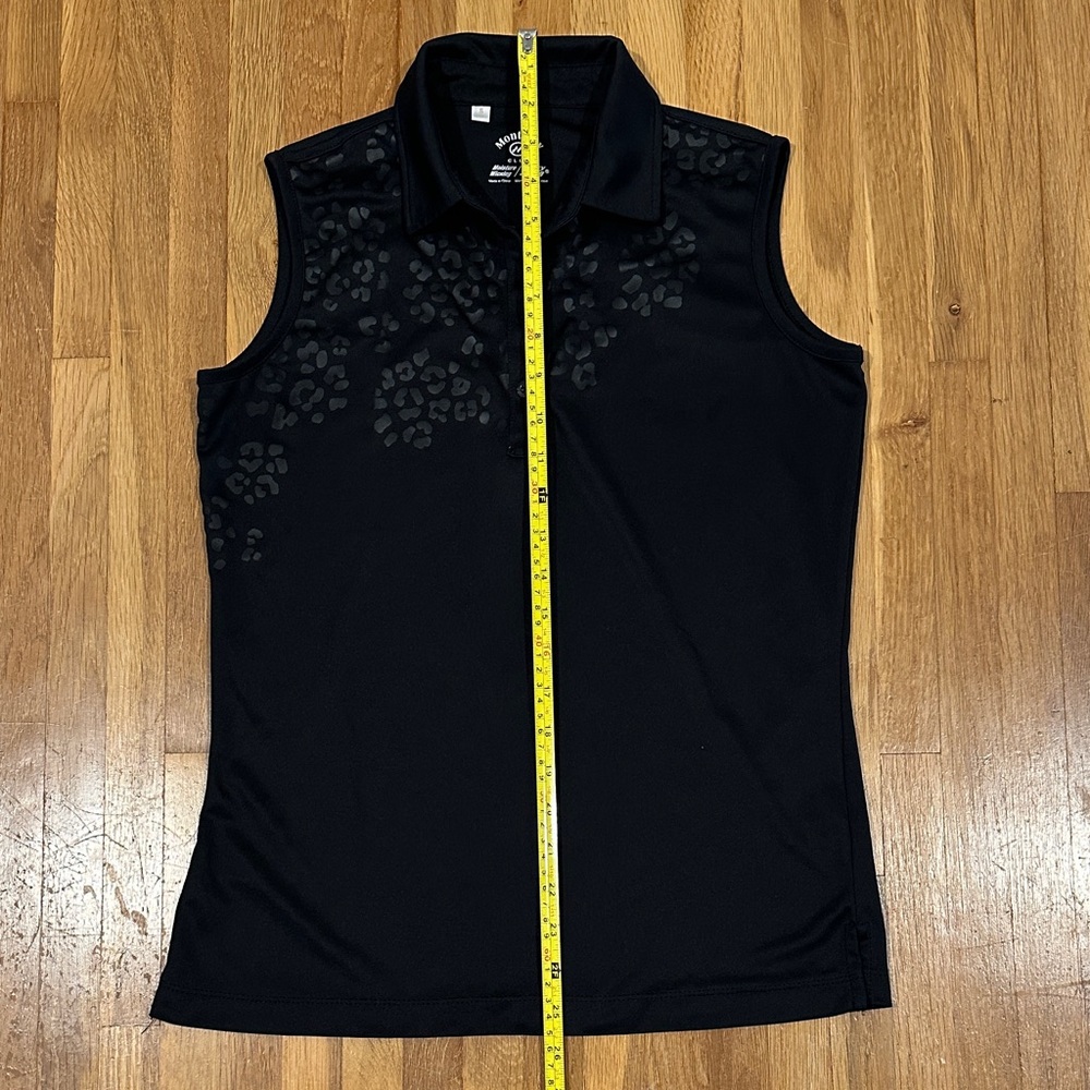 *last chance* Monterey Club | Women's Black Sleeveless Polo Top, cheetah accent - Picture 5 of 12